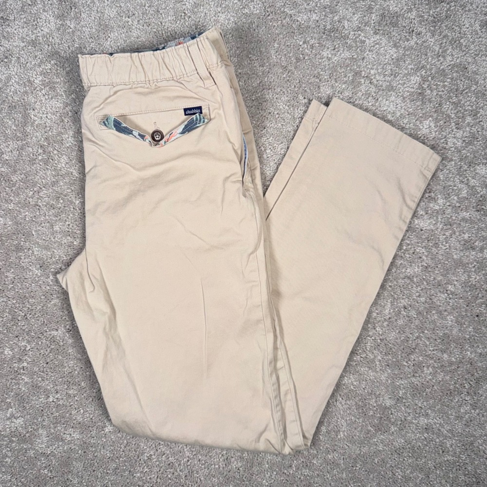 Chubbies Men's S Khaki Chino Golf Pants Beige Elastic Waist Tropical Trim 28x30